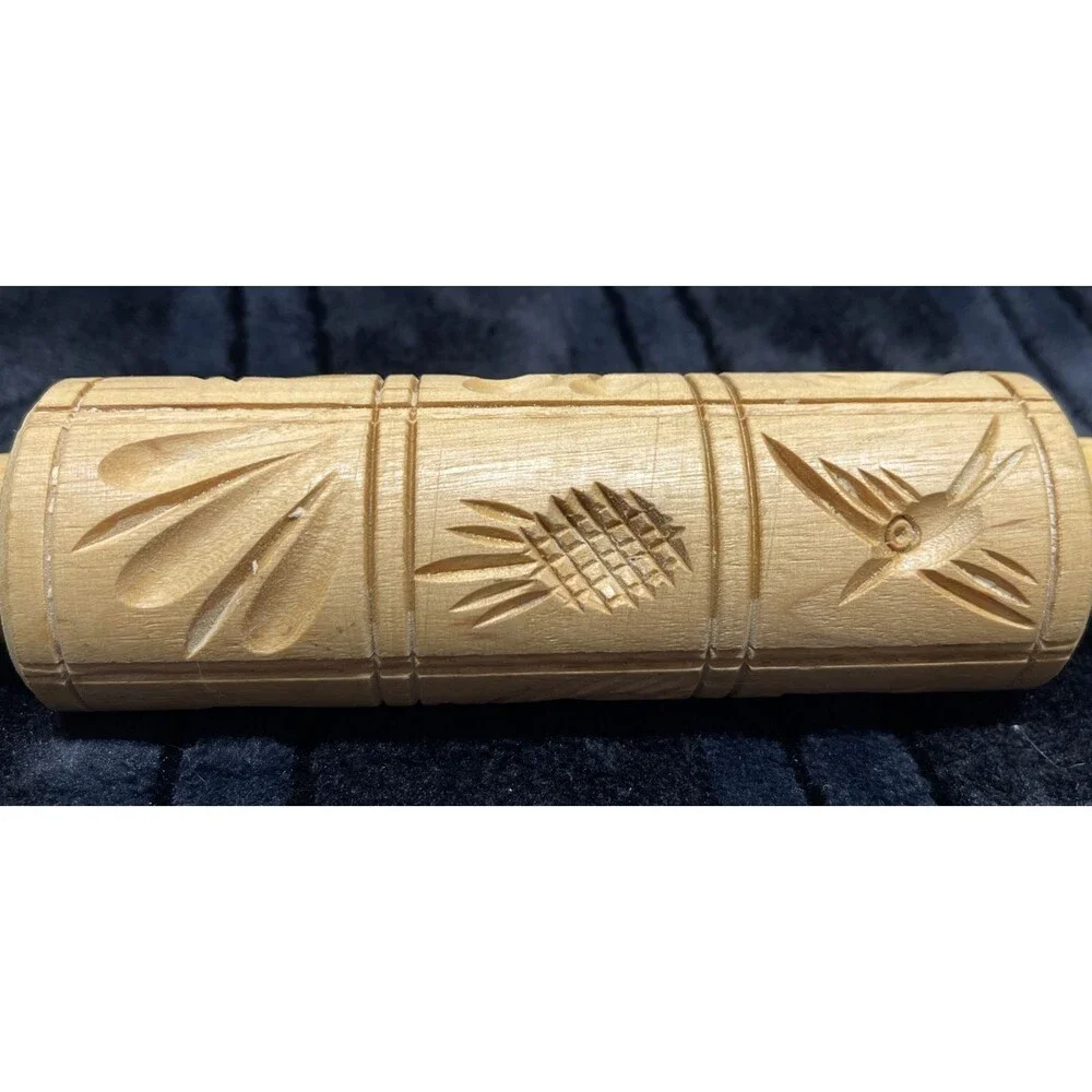 Vintage Carved Wooden Dough Rolling Pin Springerle Cookie Press 14